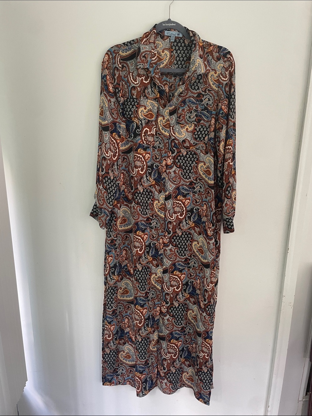 Fishbowl Women’s Brown Blue Paisley Button-Front Long Dress in Multi-Color M